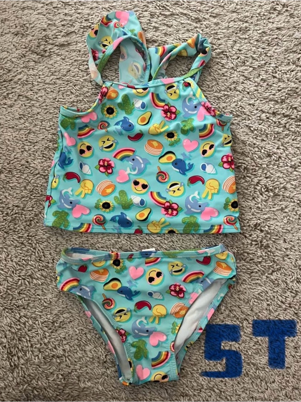 Kids Two-Piece Swim Set in Aqua with Emoji & Rainbow Print